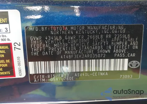 2010 Toyota Camry Le из США, поврежденный, VIN 4T4BF3EK2AR035072